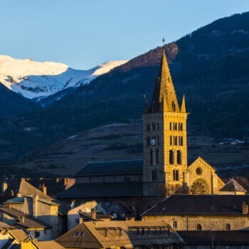 A view of a small town in French Alps near the lake Lac de serre-poncon